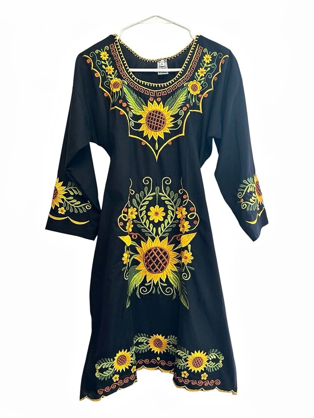 Vintage Unbranded Embroidered Floral Maxi Dress in Black & Yellow Size Small